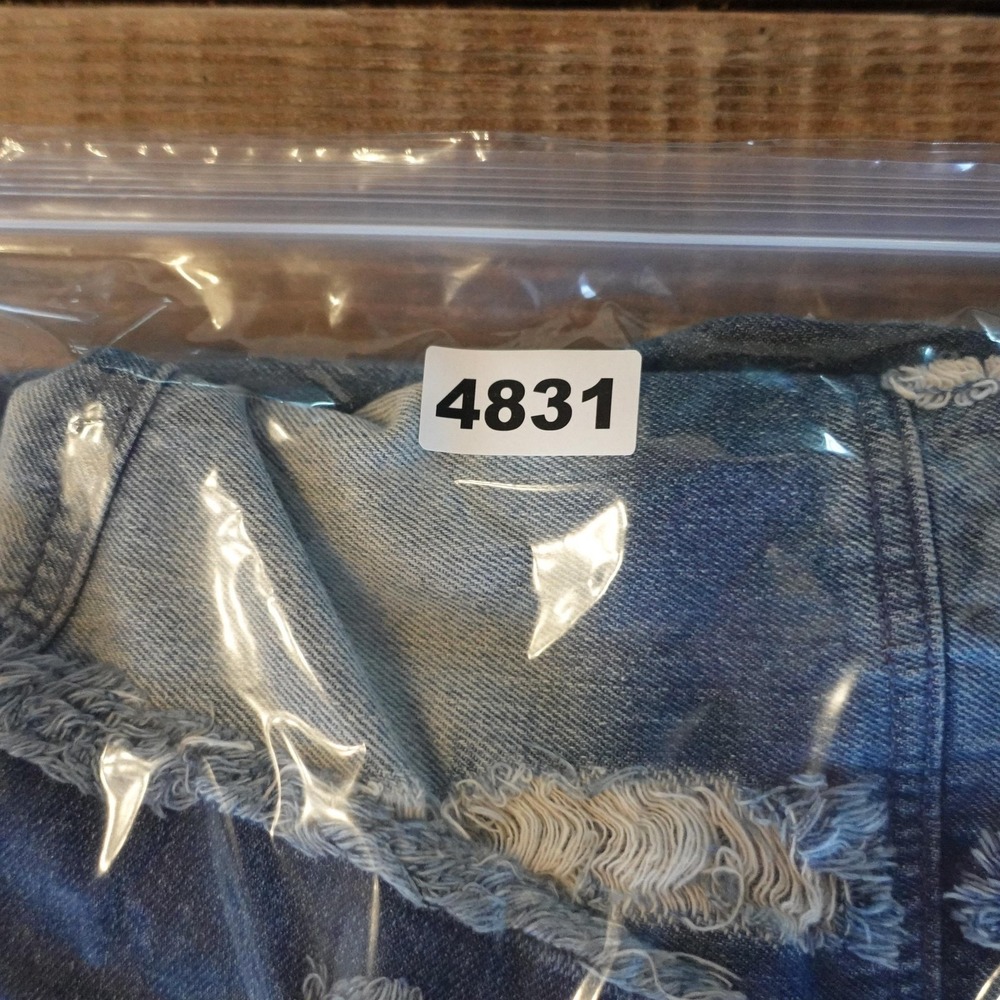 Y2K Denim Jacket Womens L XL Distressed Blue Jean Good Vibes Acid Wash Shirt - Picture 8 of 8